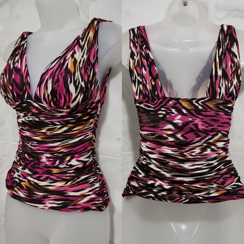Carmen Marc Valvo Tankini Top Draped Classic Nylon Spandex Sz S Pink Muiltcolor